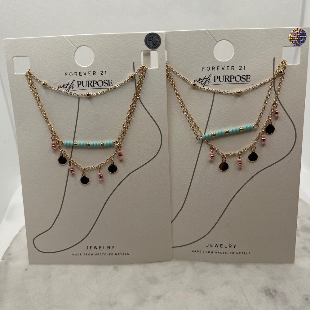 Blue Pink Gold Anklet Set Two Piece Forever 21 Layered Gold Tone Metal Turquoise